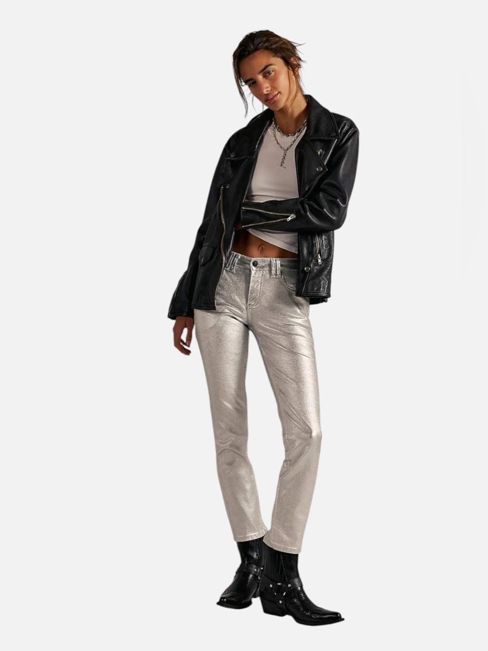 Free People Metallic Silver Women’s Jeans - Fashion-Forward Slim Fit size 31